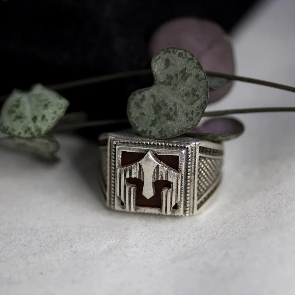 Mens Sterling Silver 925 Spartan Helmet Signet Ring Carnelian Stone Size 11.75